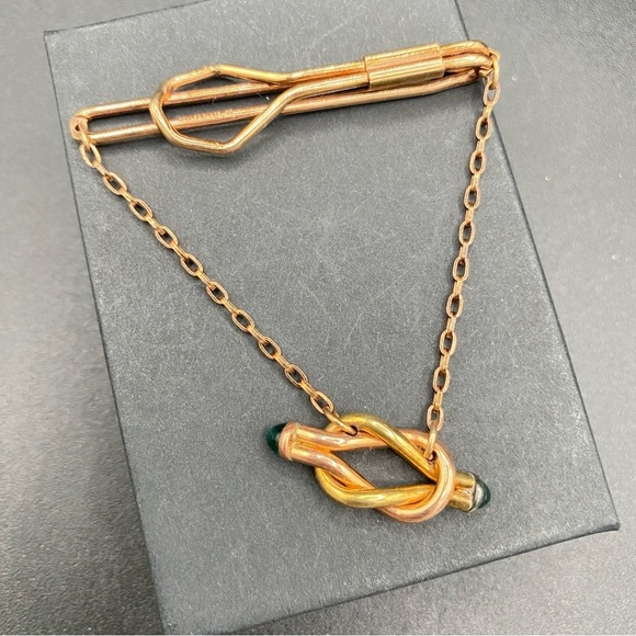 Vintage Mid Century Wedding Two Tone Love Knot Tie Bar Chain - Picture 6 of 15
